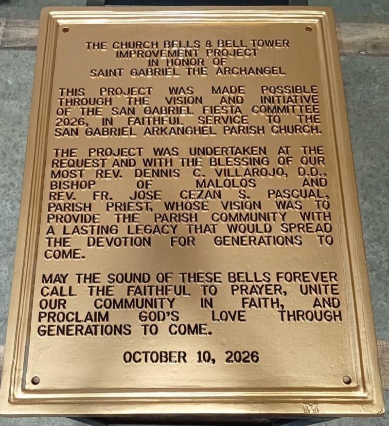 Finished cast iron plaque in gold, raised letters, for the church bells and bell tower of San Gabriel Arkanghel Parish, October 2026
