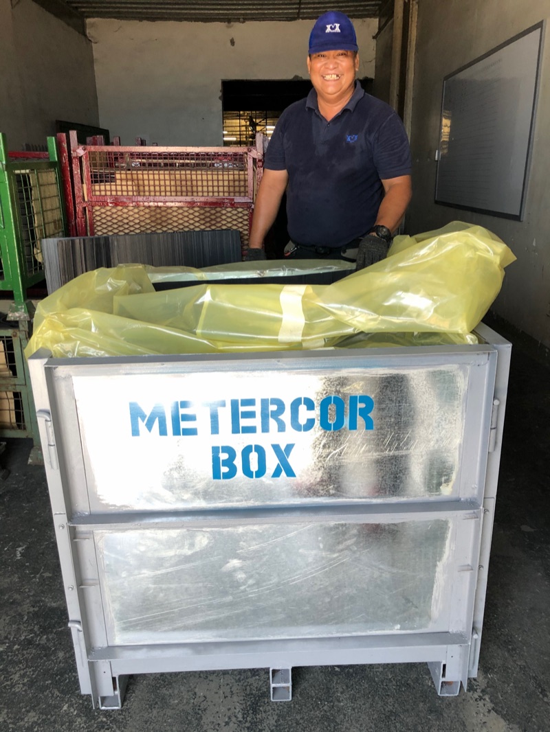 A Metercor returnable steel crate with castings wrapped for delivery