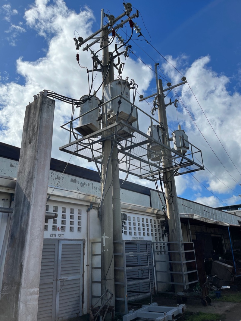 The power line and transformer that feed the Metercor plant